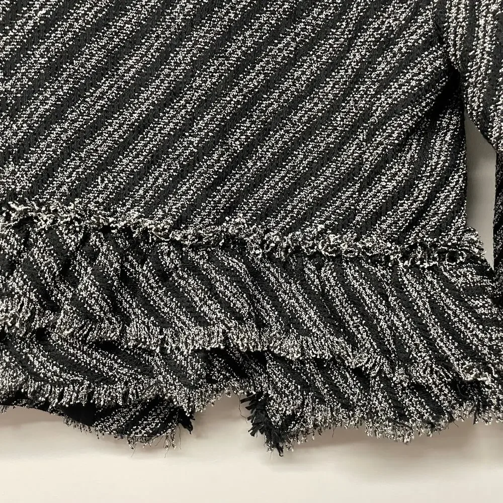 Ann Taylor Black White Striped Tweed Fringe Jacket Womens Size 8P Petite